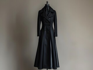 Long black coat Mockup, a line skirt, on a mannequin on a solid background