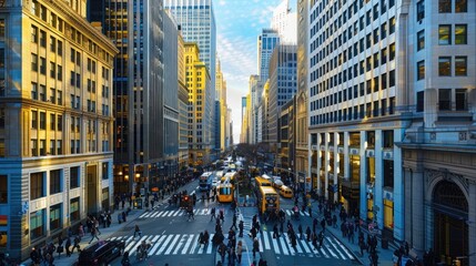 A panoramic view of a bustling financial district, with towering skyscrapers and busy streets...
