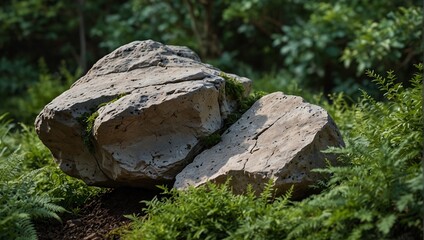 cutout rock surrounded by greenery. isolated on white background.