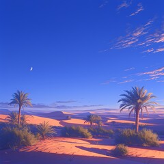 Breathtaking Scenic View of Sunlit Sculpted Sand Dunes with Palm Trees under the Celebration Moon