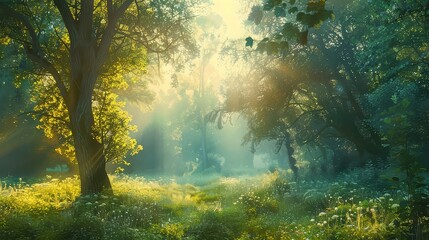 A secluded forest glade bathed in the soft light of dawn, a sanctuary of peace and tranquility...