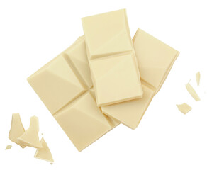 White chocolate bar pieces isolated on white background. Milk chocolate with crumbs top view. Flat lay. Package design elements.