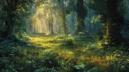 A secluded forest glade bathed in the soft light of dawn, a sanctuary of peace and tranquility untouched by time.