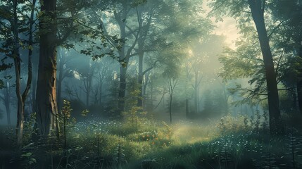 A secluded forest glade bathed in the soft light of dawn, a sanctuary of peace and tranquility untouched by time. - obrazy, fototapety, plakaty