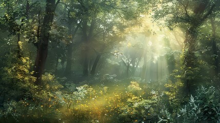 A secluded forest glade bathed in the soft light of dawn, a sanctuary of peace and tranquility...