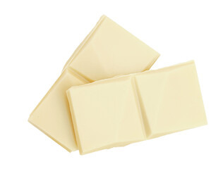 White chocolate bar pieces isolated on white background. Milk chocolate top view. Flat lay. Package design elements.