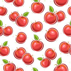 Vector Red Apple seamless pattern, repeating background with flying cartoon sour apples for wrapping paper, square placard with flat lay outline red apple fruits with green leaves on white background