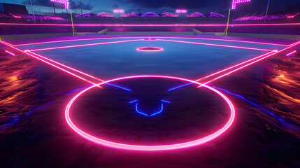 A dynamic 3D render of glowing neon baseball field on a black background