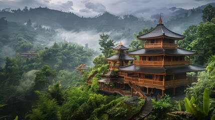 A serene Buddhist temple nestled amidst lush green mountains, with its traditional wooden...