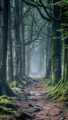 Mystical Forest Path A foggy, mysterious forest path lined with ancient trees, inviting a sense of adventure and exploration