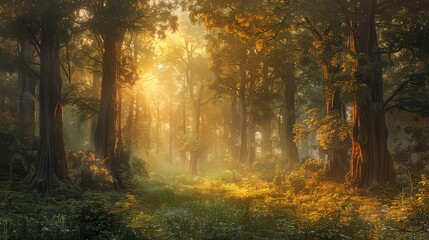A serene forest glade bathed in the golden light of sunset, where the last rays of daylight filter through the towering trees. - obrazy, fototapety, plakaty