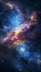 Fototapeta premium Space and Stars A deep space scene featuring a galaxy, stars, and nebulae, providing a cosmic and awe-inspiring wallpaper