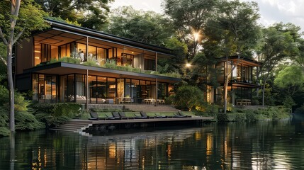 Fototapeta na wymiar A serene lakeside retreat, with a contemporary glass house nestled amidst lush greenery, offering panoramic views of the tranquil waters and surrounding landscape.