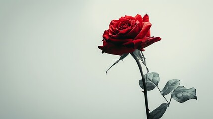 A beautiful red rose in full bloom against a pale gray background.