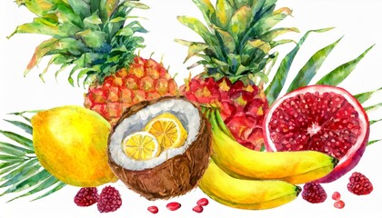 Ripe fruits Hand drawn watercolor painting on white background. Coconut, banana, lemon, pineapple, mango and pomegranate - obrazy, fototapety, plakaty