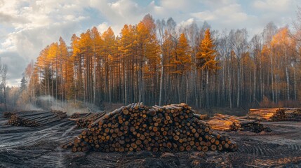 A large pile of logs sits in front of a dense forest during autumn