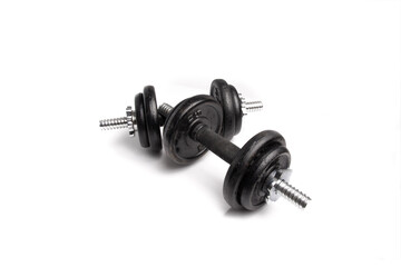two 15 pound 10 kilo black weight lifting barbells isolated on white