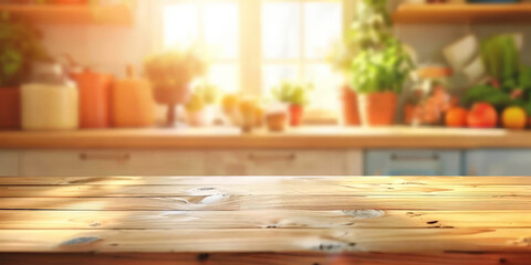 Blurred kitchen interior with empty wooden table for product display presentation in the sunny daylight, 