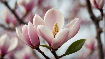 Obraz premium Blooming magnolia branches against sky
