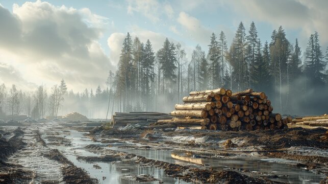 A large stack of logs sits in a snowy forest clearing surrounded by tall pine trees