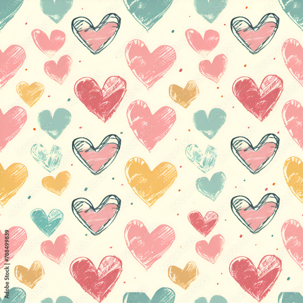 Aufkleber a pattern of hearts with different colors and sizes. the hearts are drawn in a crayon style, giving 