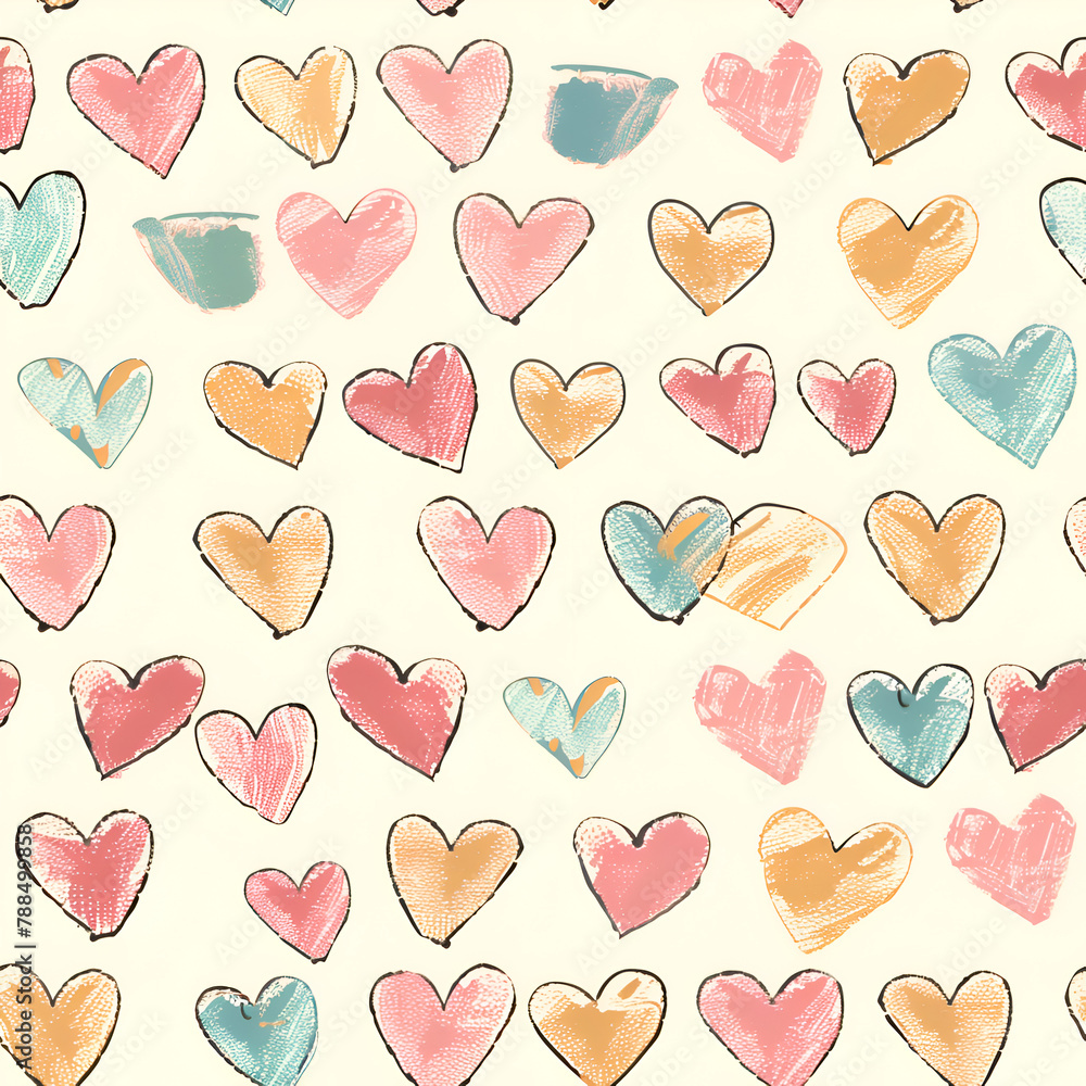 Aufkleber a pattern of hearts with different colors and sizes. the hearts are drawn in a crayon style, giving 