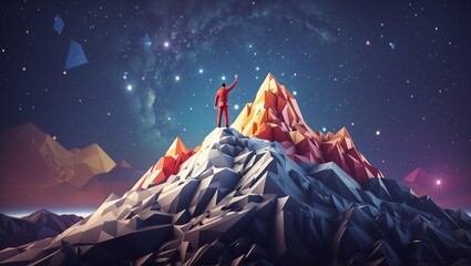 A person standing on a mountaintop looking at the stars. - obrazy, fototapety, plakaty