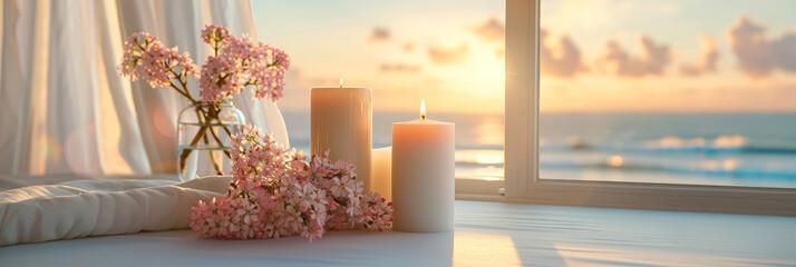 Candles and scented candles on the bedside table, white sheets, pink flowers in vases, and window views of sea waves at sunset.  warm ambiance for romantic moments or peaceful sleep. 