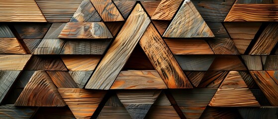 Triangular Wooden Tapestry: Geometric Elegance. Concept Home Decor, Wall Hangings, Triangle Designs, Geometric Patterns, Wooden Art