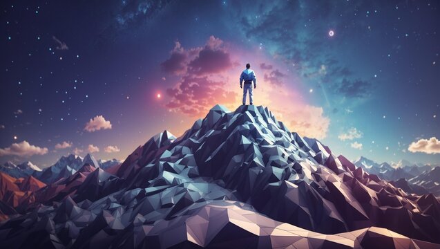 A person standing on a mountaintop looking at the stars.