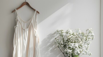 White dress mockup, a dress hanging from a wood hanger, white wall background