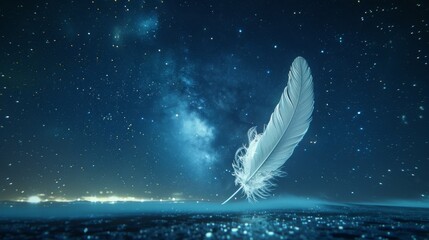 A single white feather floating in the night sky over a city. - obrazy, fototapety, plakaty
