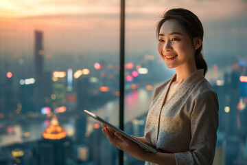 Chinese female office worker smiling holding tablet in her hand standing in the style of a window with a cityscape view