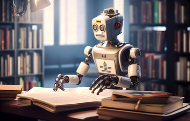 Fototapeta premium AI humanoid robot is studying and reading books in the library. AI machine learning. future concept