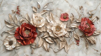 Highlight the intricate floral designs adorning the marble background, creating a sense of natural beauty and elegance.