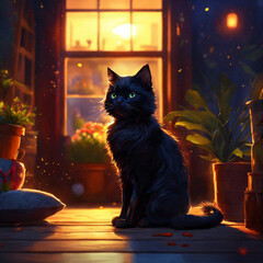 Black cat is window is beautiful vase