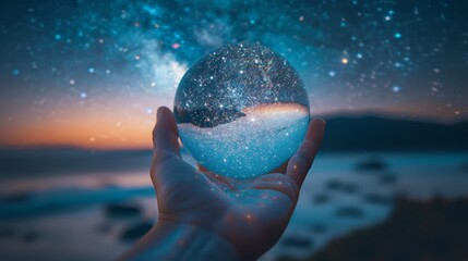 Hand holding a crystal ball with a starry night sky and a reflection of a beach inside it. - obrazy, fototapety, plakaty