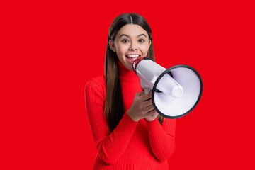 Teen girl announcer promote idea. Teen girl with loudspeaker isolated on red. Sale announcement....