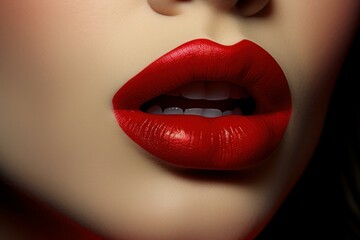 Obraz premium Exquisite Red lipstick model. Shadow smile. Generate Ai