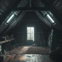 interior, attic, room, architecture, floor, stairs, window, old, corridor, wall, building, wood, house, empty, home, light, design, wooden, dark, staircase, indoor, inside, nobody, hall, hallway, door