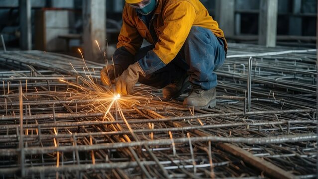 Construction workers welding reinforcing steel bars