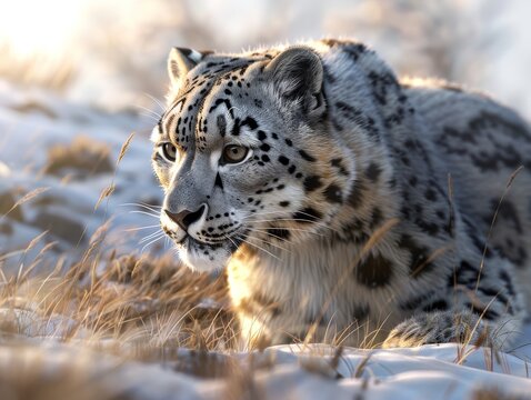 A snow leopardess in the mountains of Central Asia