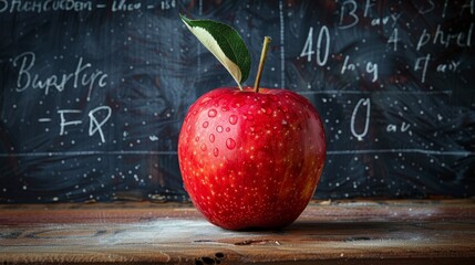 A red apple sits on a wooden table in front of a blackboard.