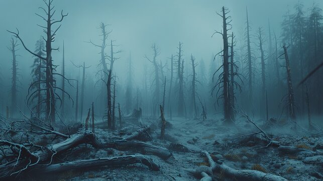 A dark, foggy forest with dead trees