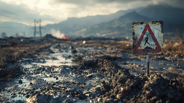 Post apocalyptic landscape with a warning sign