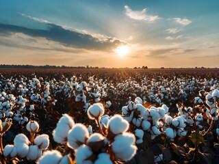 Cotton field ready for harvest with blue sky in background. Ai Generative. - obrazy, fototapety, plakaty