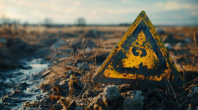 A triangular yellow road sign with a biohazard symbol on it is partially buried in the ground. The background is a wide field of dead grass and weeds with a road in the distance. The sky is grey and c