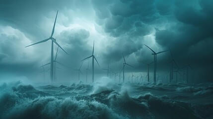 An offshore wind farm in the middle of a storm. - obrazy, fototapety, plakaty