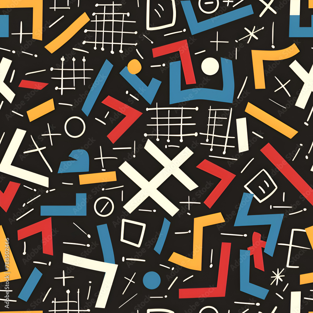 Aufkleber a black and white abstract painting with many shapes and lines. the shapes are in different colors a