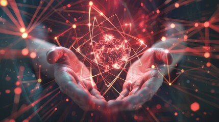 a schematic representation of the meridians and parallels and two holding, protecting hands from futuristic polygonal red lines and glowing stars for banner, poster, greeting card. AI generated - obrazy, fototapety, plakaty
